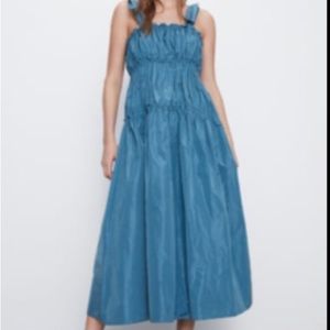 Zara Blue Tafetta Shoulder Tie Tiered Maxi Dress Size XS
